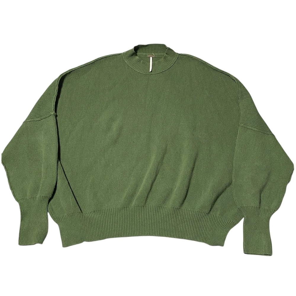 Free People Mock‎ Neck Ribbed Knit Oversized Sweater Green Cotton Blend Size SP